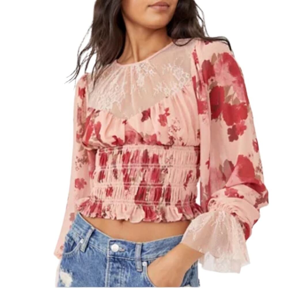Free People Boho Daphne Pink Floral Long Sleeve Smocked Crop Top Medium NWT